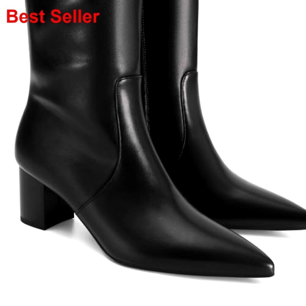 Knee High Boots Pointed Toe Chunky Heel Side Zipper Faux Leather Dressy - Picture 5 of 7